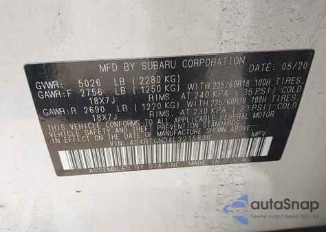 2020 Subaru Outback Limited Xt z USA, uszkodzony, nr VIN 4S4BTGND4L3215836